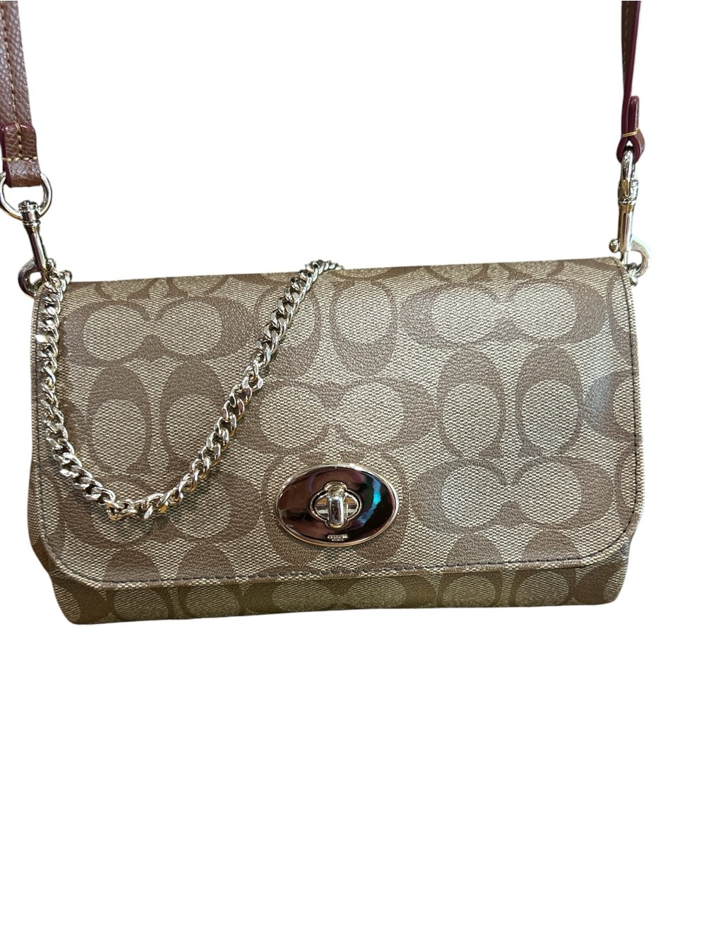Coach Signature Print Turnlock Shoulder/Crossbody Bag in Tan - Picture 5 of 8